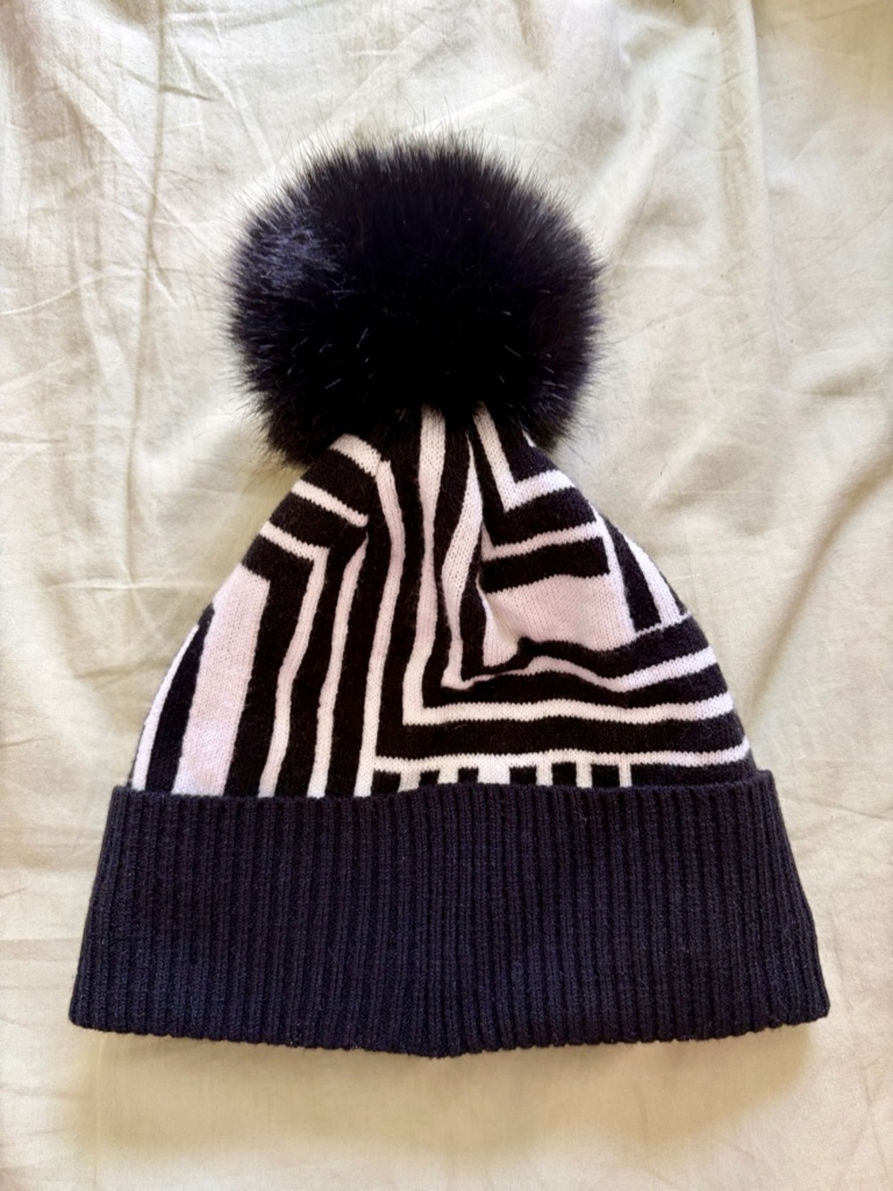 Karl Lagerfeld Paris Black Knit Beanie with Faux Fur Pom